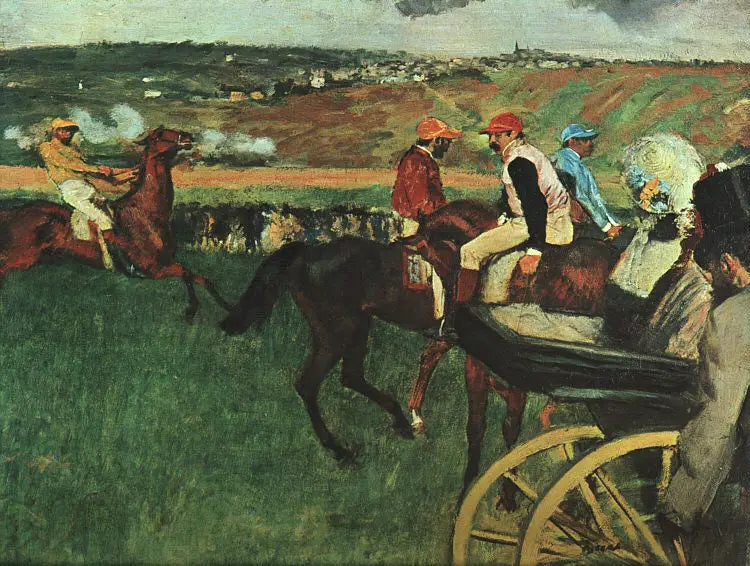 Reproduction du tableau « Le champ de courses. Jockeys amateurs près d'une voiture - Edgar Degas » par Alpha Reproduction en peinture à l’huile