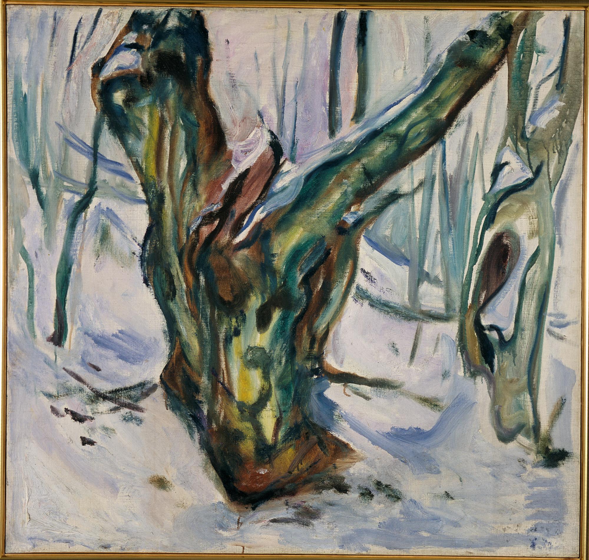Reproduction du tableau « Troncs d'arbres rugueux dans la neige - Edvard Munch » par Alpha Reproduction en peinture à l’huile