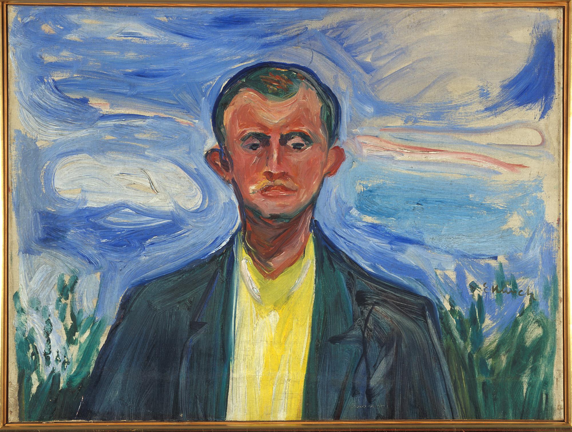Reproduction du tableau « Autoportrait sur un ciel bleu - Edvard Munch » par Alpha Reproduction en peinture à l’huile