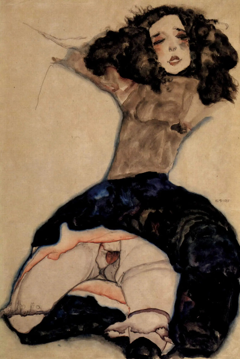 Ragazza dai capelli neri con gonna sollevata - Egon Schiele