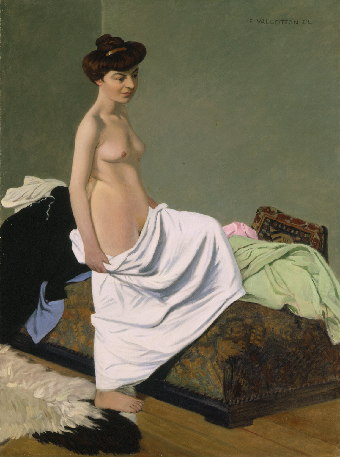 Debout nue tenant une robe sur ses genoux - Félix Vallotton