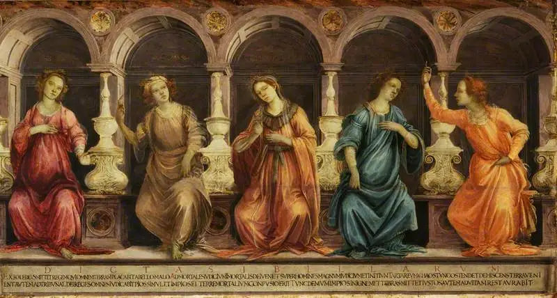 Cinq sibylles assises dans des niches: la Samienne la Cuméenne l’Hellespontique la Phrygienne et la Tiburtine