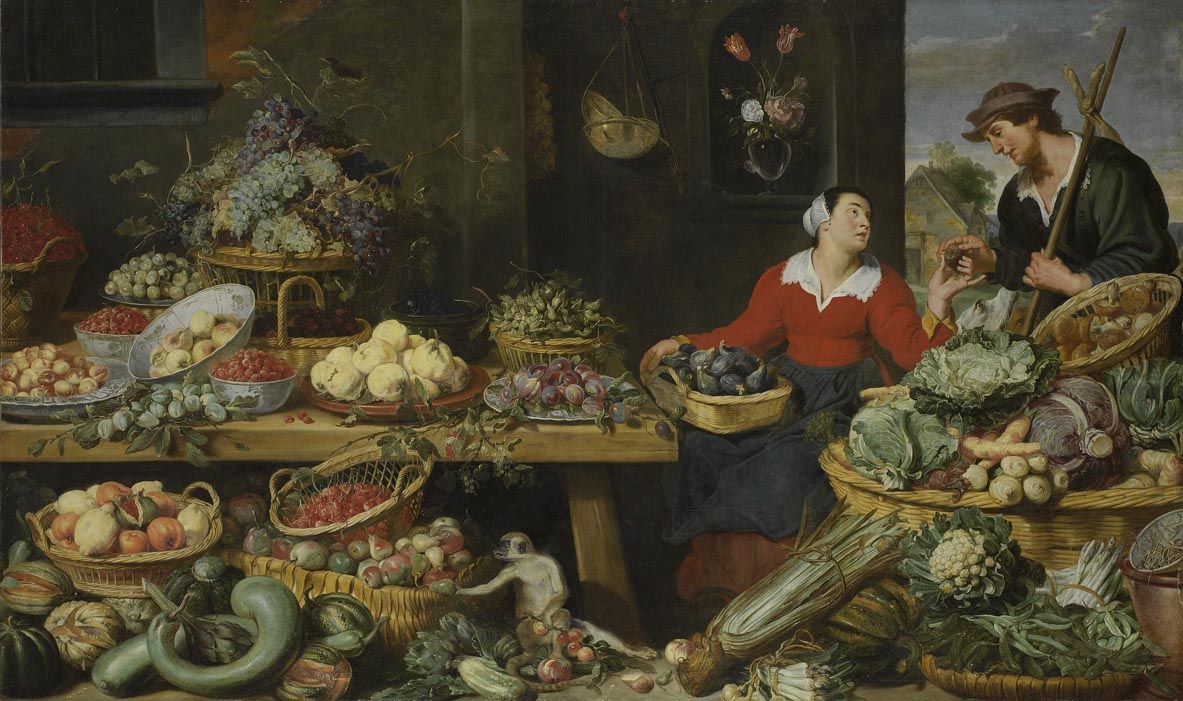 Scène de marché avec des fruits et légumes, et un couple amoureux - Frans Snyders