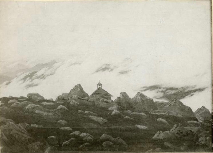 Reproduction du tableau « Chapelle de montagne dans la brume - Caspar David Friedrich » par Alpha Reproduction en peinture à l’huile