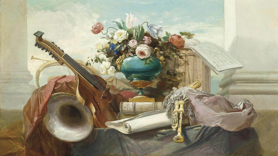 Instruments de musique et vase de roses sur un entablement – Denis-Joseph Godefroy