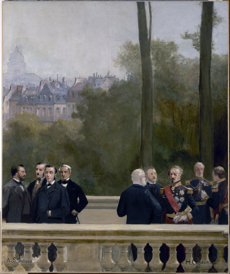 Le Panorama du siècle : groupe d'hommes du XIXe siècle, dont trois en uniforme - Henri Gervex