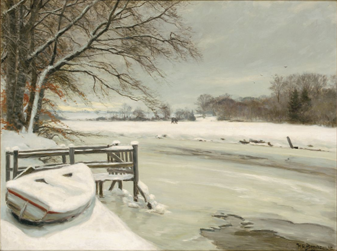 Journée d'hiver au bord d'un ruisseau, avec des chasseurs en arrière-plan. - H. A. Brendekilde