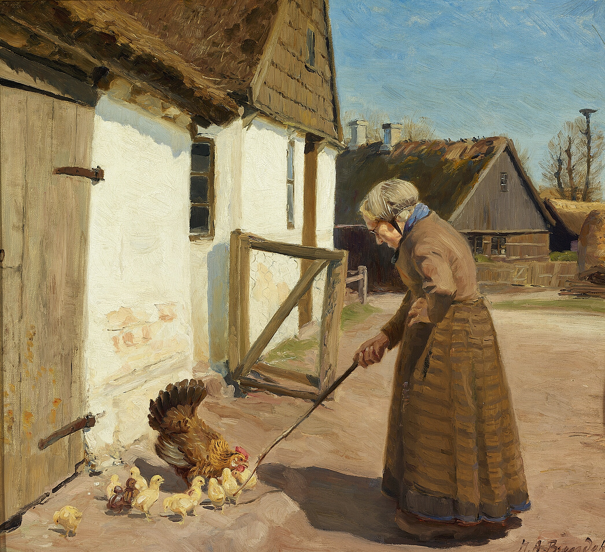 Une poule avec ses poussins. - H. A. Brendekilde