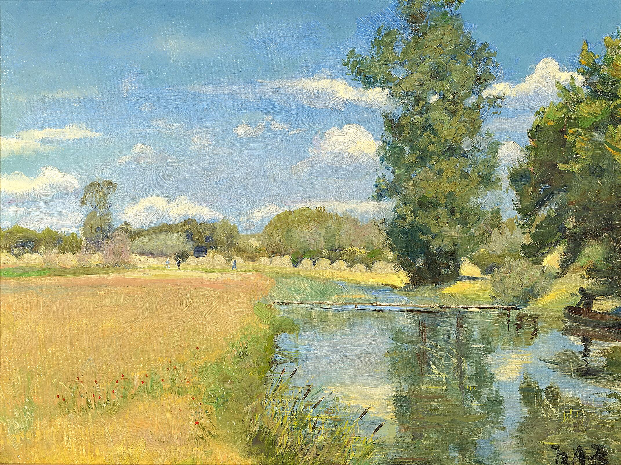 Une rivière traversant un paysage au moment des récoltes. - H. A. Brendekilde