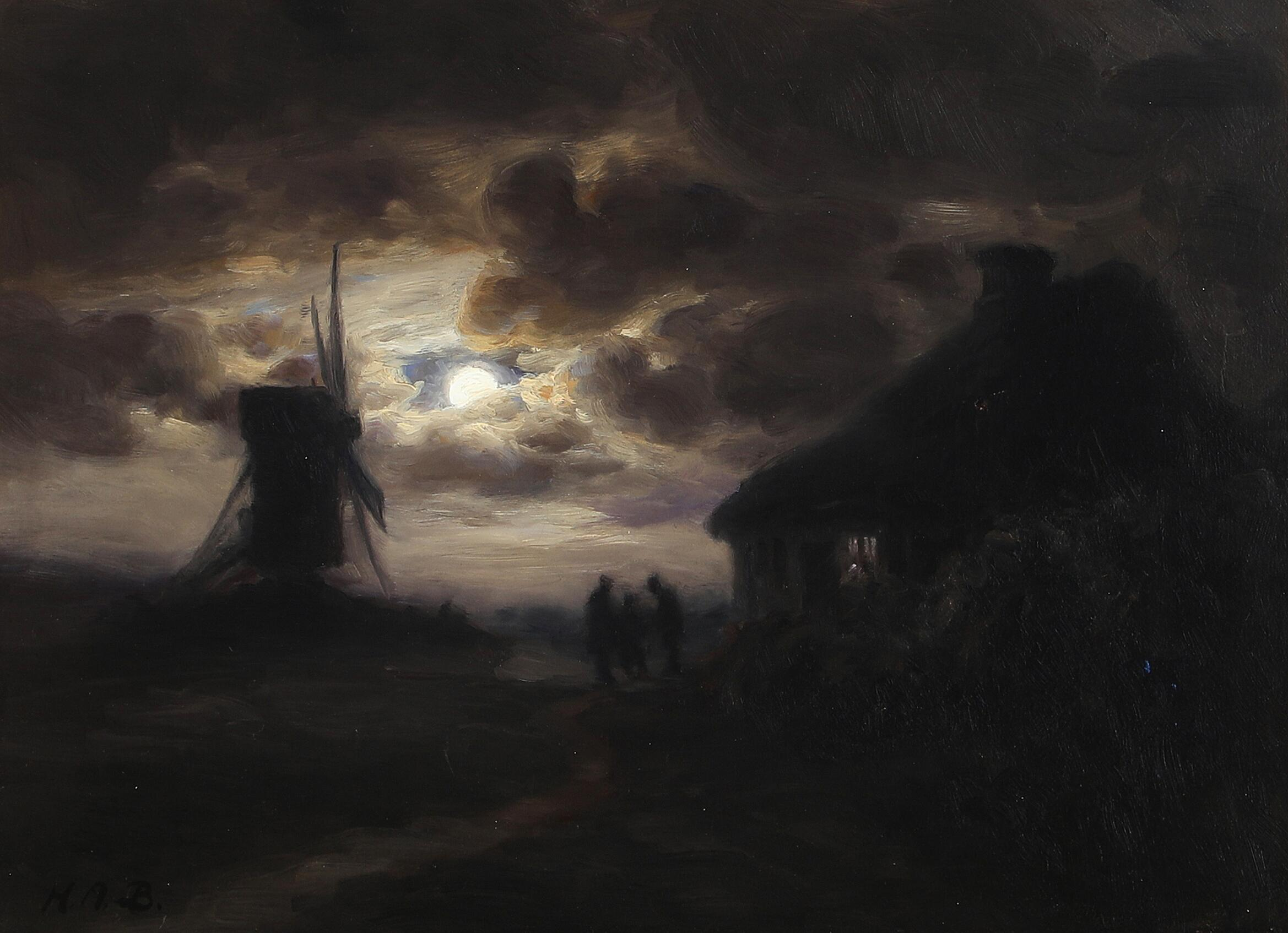 Scène au clair de lune avec un moulin. - H. A. Brendekilde