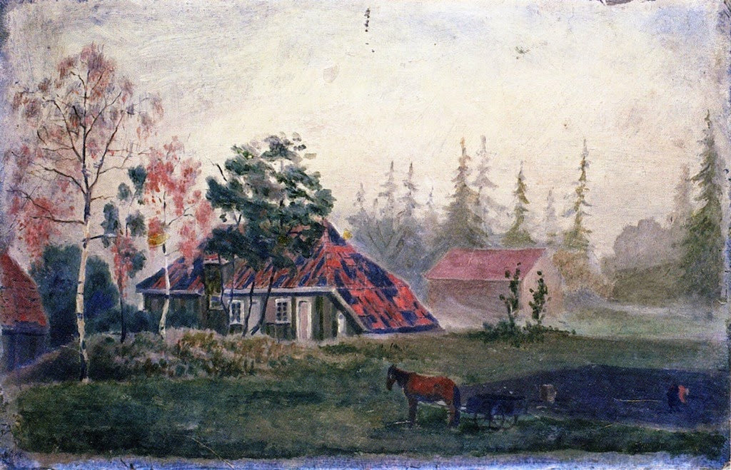 Reproduction du tableau « Ferme Cheval et Wagon devant les bâtiments - Edvard Munch » par Alpha Reproduction en peinture à l’huile
