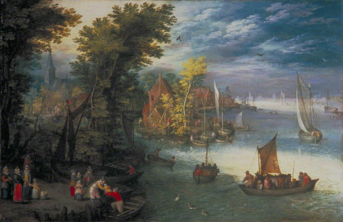 Paysage fluvial avec un village et un débarcadère - Jan Brueghel l'Ancien