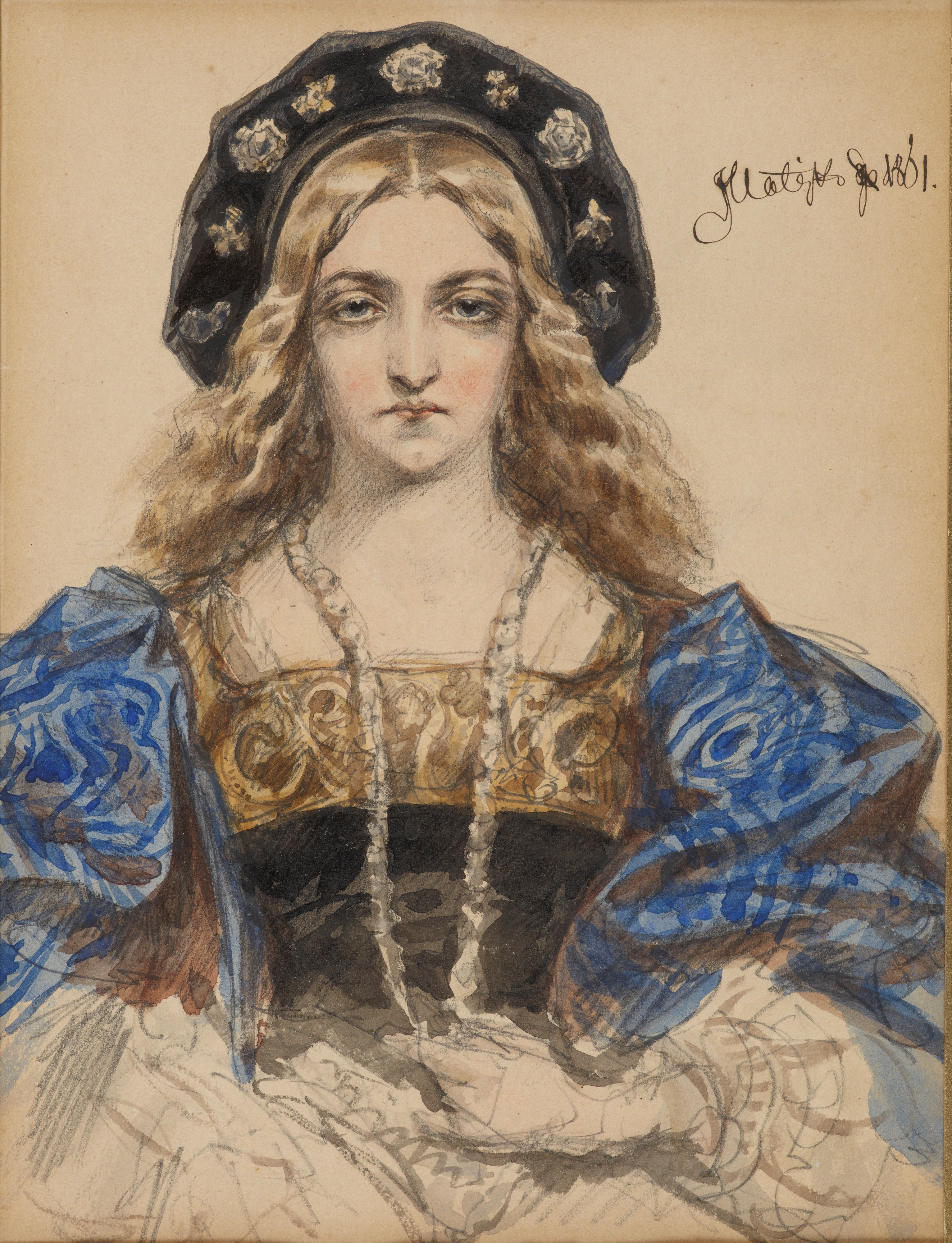 Portrait d'une jeune femme – Étude de portrait de la reine Bona (d'après une gravure sur bois contemporaine) - Jan Matejko