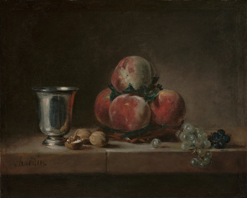 Cestino di pesche con un bicchiere d'argento - Jean Siméon Chardin