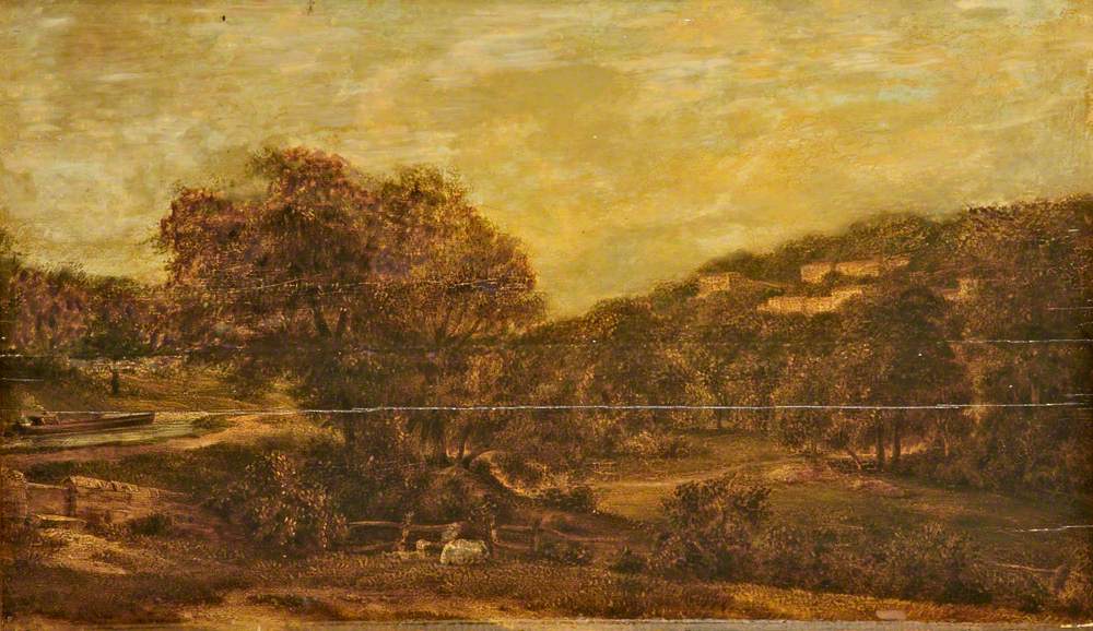 Vallée boisée avec un ruisseau et des maisons à flanc de colline - John Constable