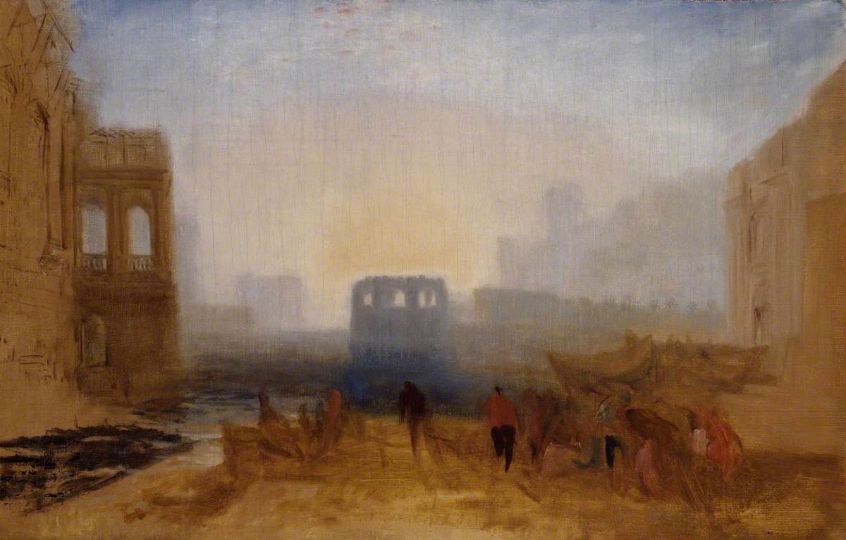 Reproduction du tableau « Claudian Harbour Scene: Study for ‘Dido Directing the Equipment of the Fleet’ - J. M. W. Turner » par Alpha Reproduction en peinture à l’huile