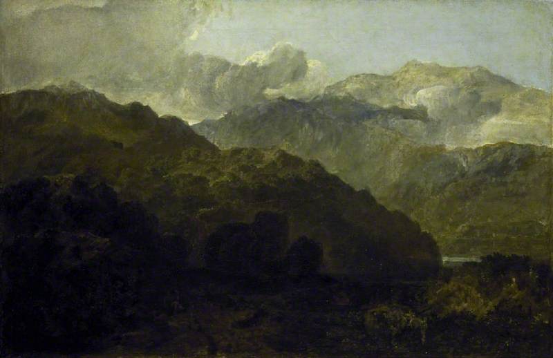 Reproduction du tableau « Ben Lomond Mountains, Scotland: The Traveller - Vide Ossian's War of Caros - J. M. W. Turner » par Alpha Reproduction en peinture à l’huile