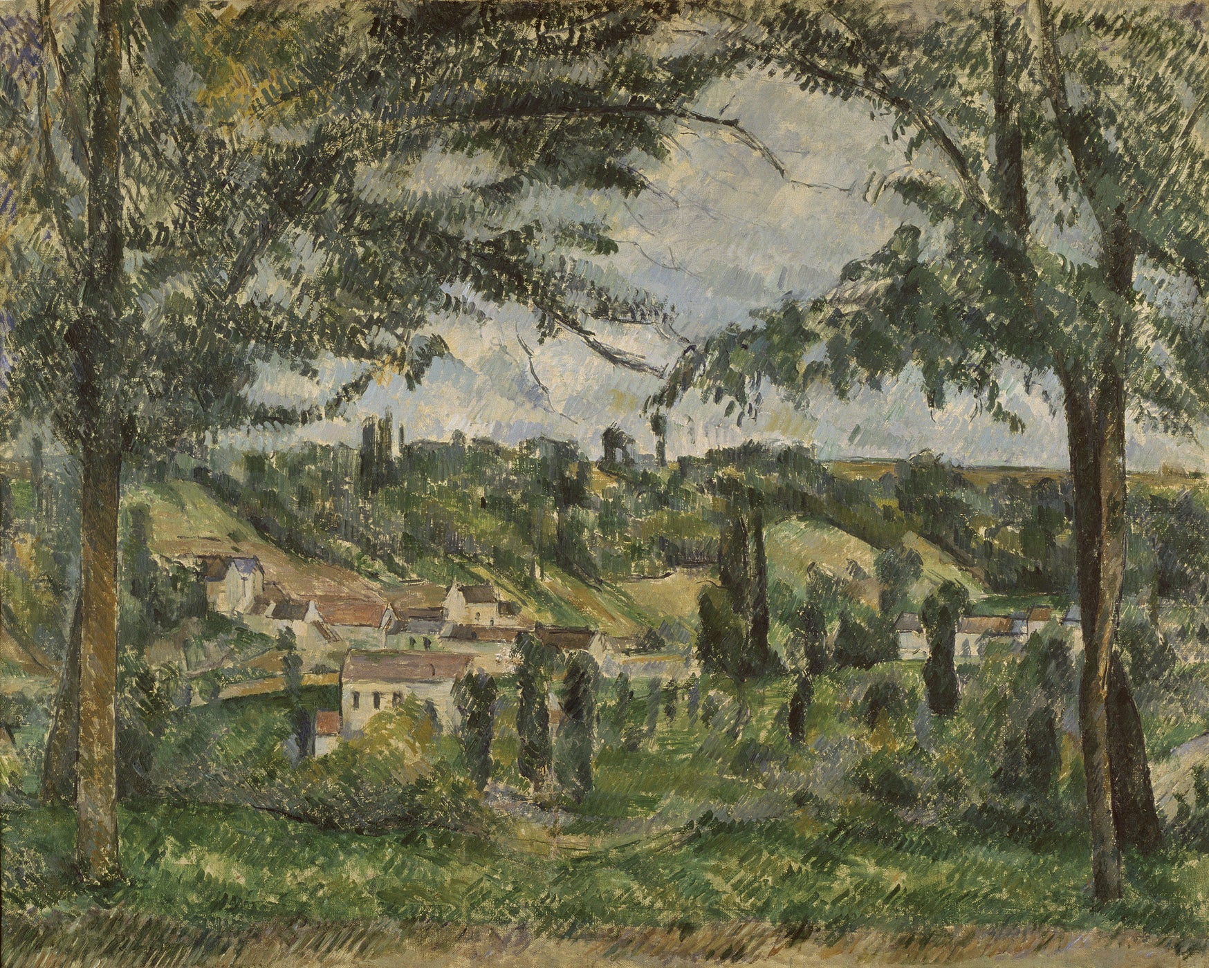 Reproduction du tableau « Le Hameau des Pâtis à Pontoise, encadré par des arbres - Paul Cézanne » par Alpha Reproduction en peinture à l’huile