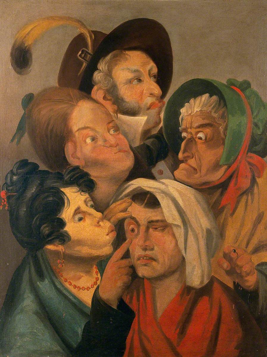 Une femme examine l'œil douloureux d'une autre femme, tandis qu'un homme et d'autres femmes se tiennent à côté - Louis-Léopold Boilly