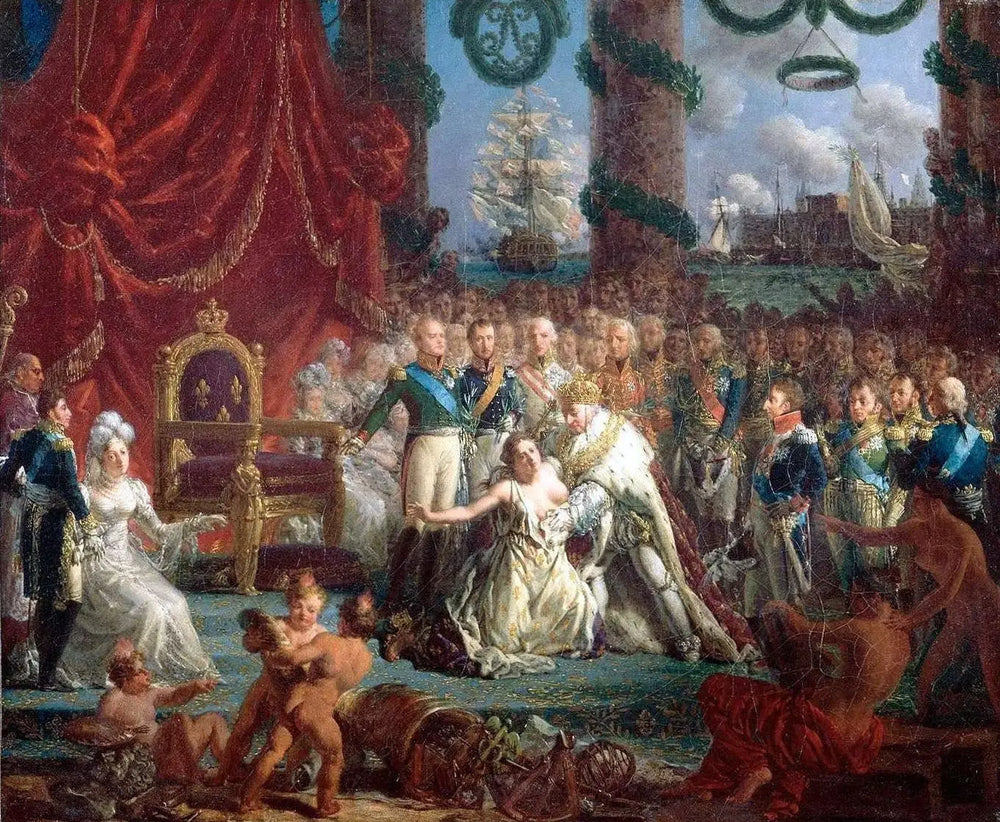 Allégorie du retour des Bourbons le 24 avril 1814: Louis XVIII relevant la France de ses ruines. - Louis-Philippe