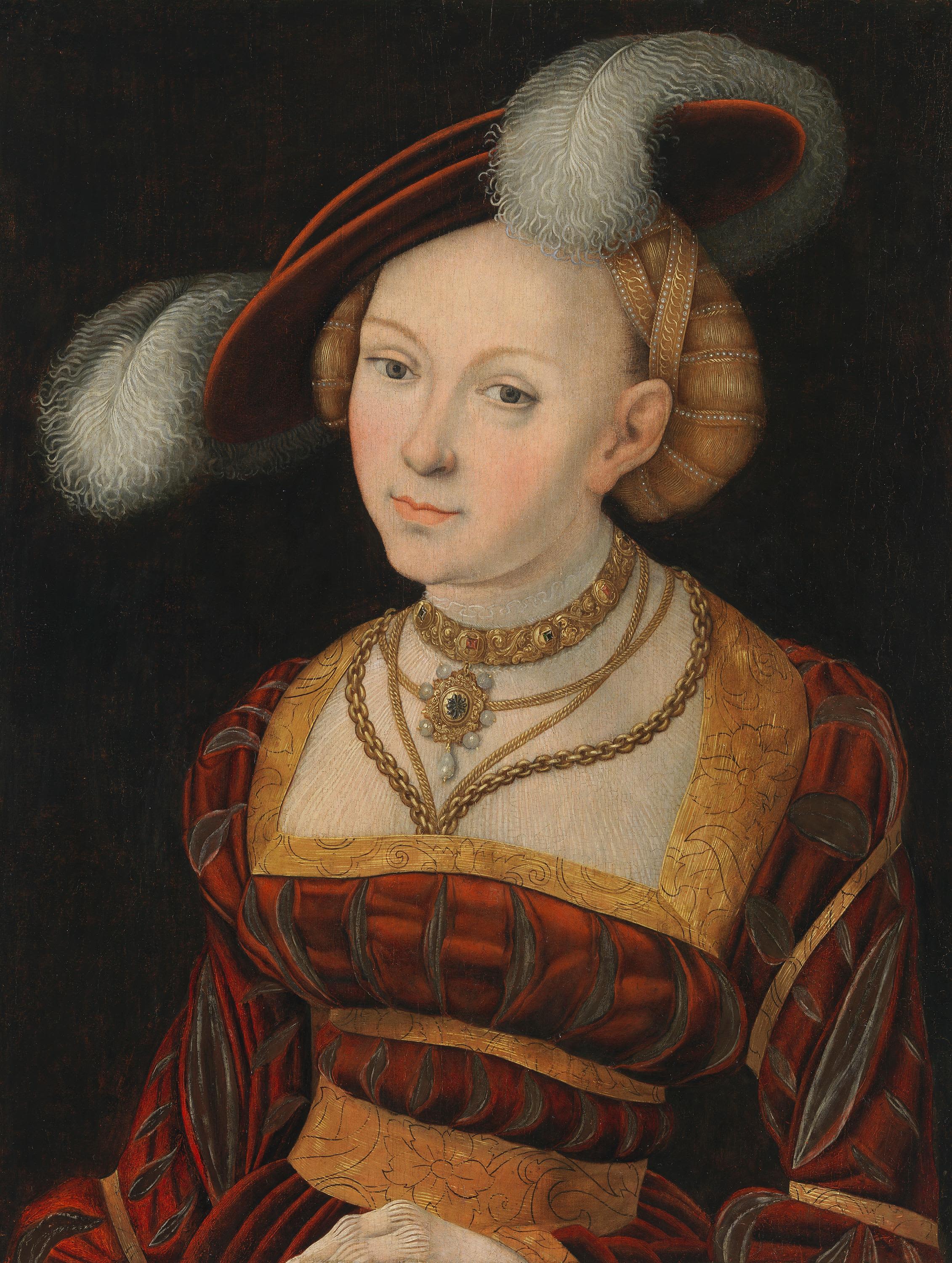 Figure féminine à mi-corps avec un chapeau à plumes - Lucas Cranach the Elder - Alpha Reproduction