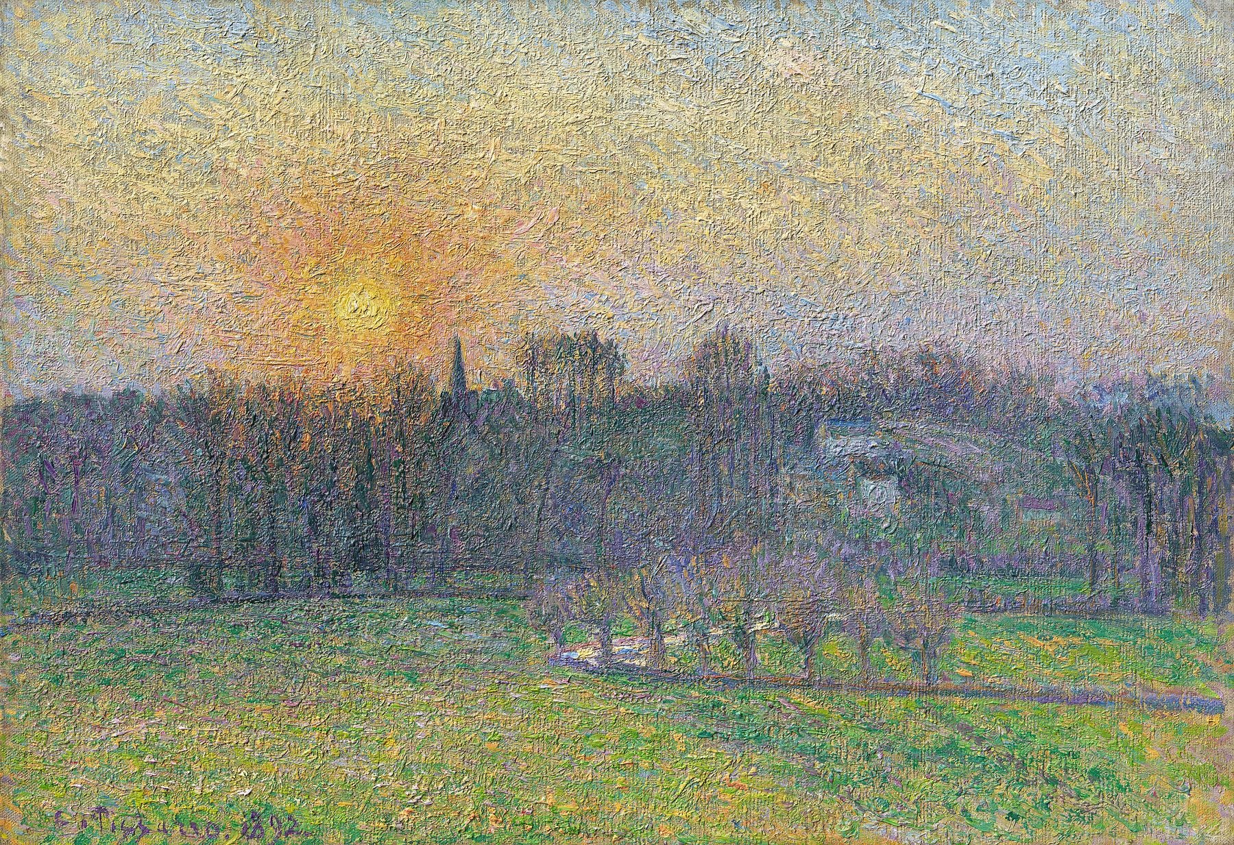 Reproduction du tableau « Vue de Bazincourt, coucher de soleil - Camille Pissarro » par Alpha Reproduction en peinture à l’huile