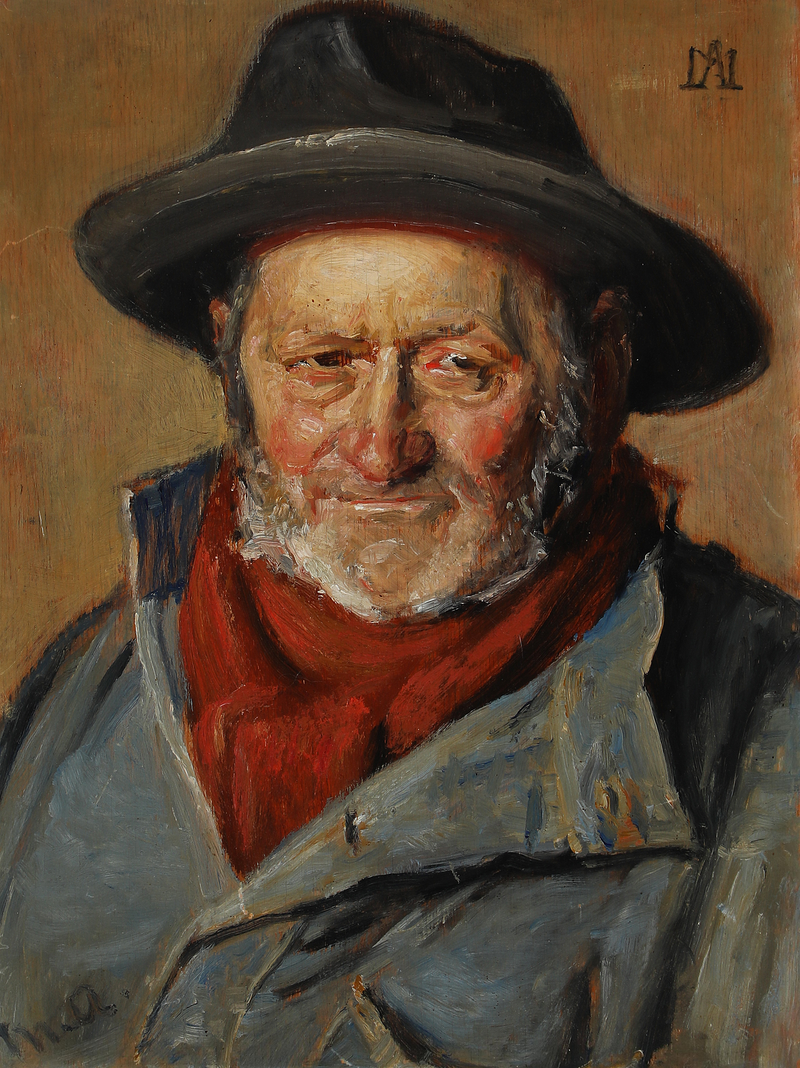 Pescatore con cappello e sciarpa rossa. - Michael Peter Ancher