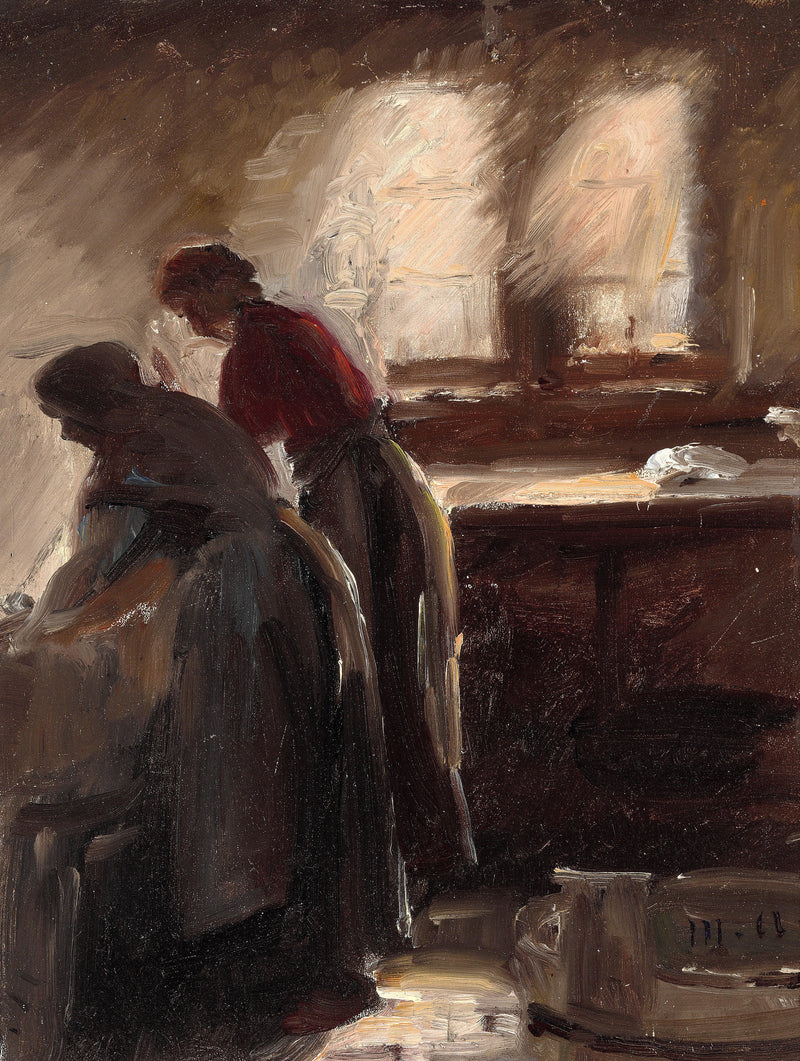 Interno di una cucina con due donne al lavoro. - Michael Peter Ancher