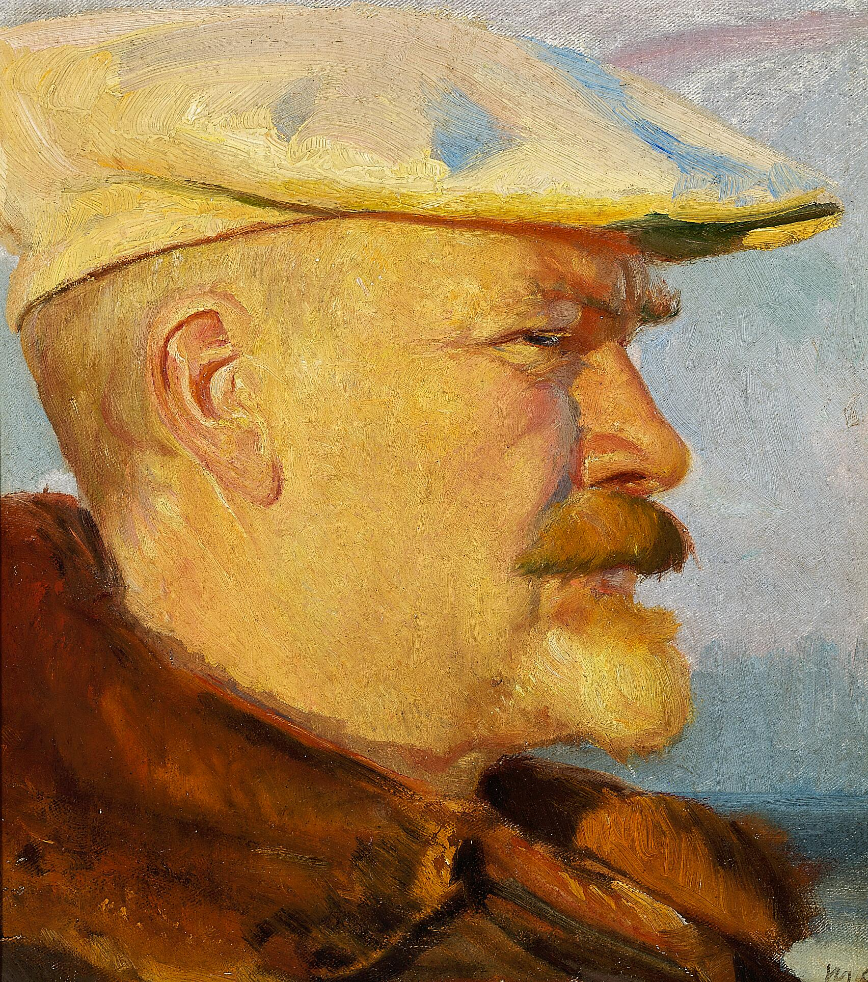 Autoportrait avec une casquette de peintre blanche au soleil couchant. - Michael Peter Ancher - Alpha Reproduction