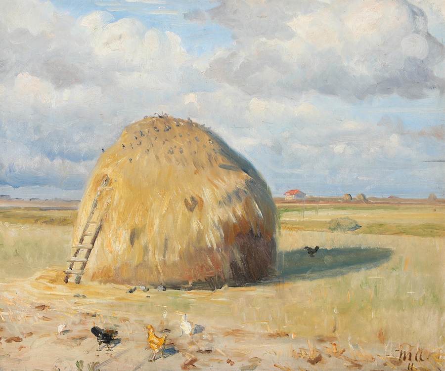 Una giornata estiva a Skagen con galline vicino a un pagliaio. - Michael Peter Ancher