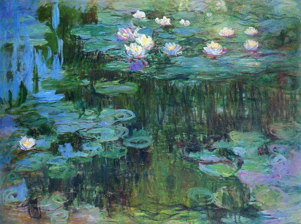 💠 Ninfee con riflessi blu e fioritura densa – Claude Monet