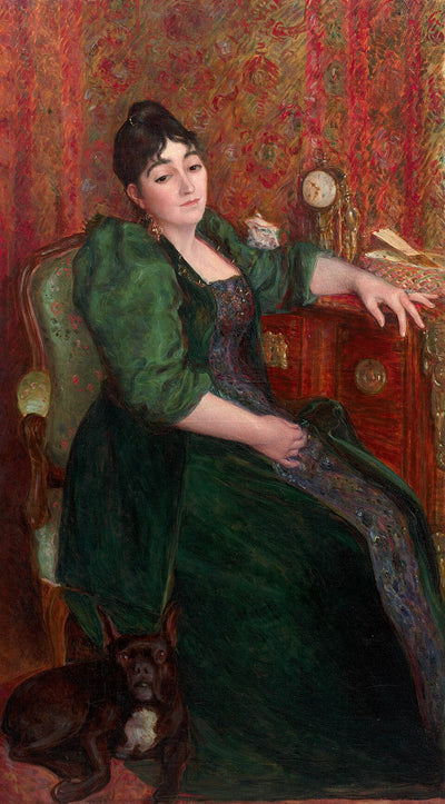 Autoportrait de l’artiste dans un fauteuil en compagnie de Bob son bouledogue français - Marie Bracquemond - Alpha