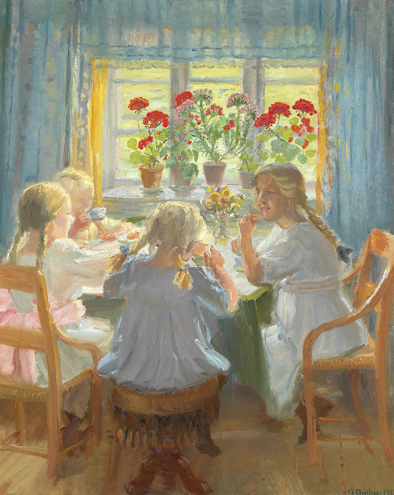 Le ragazzine prendono il tè a Nordstuen nella casa di Anchers a Markvej, Skagen. - Anna Ancher