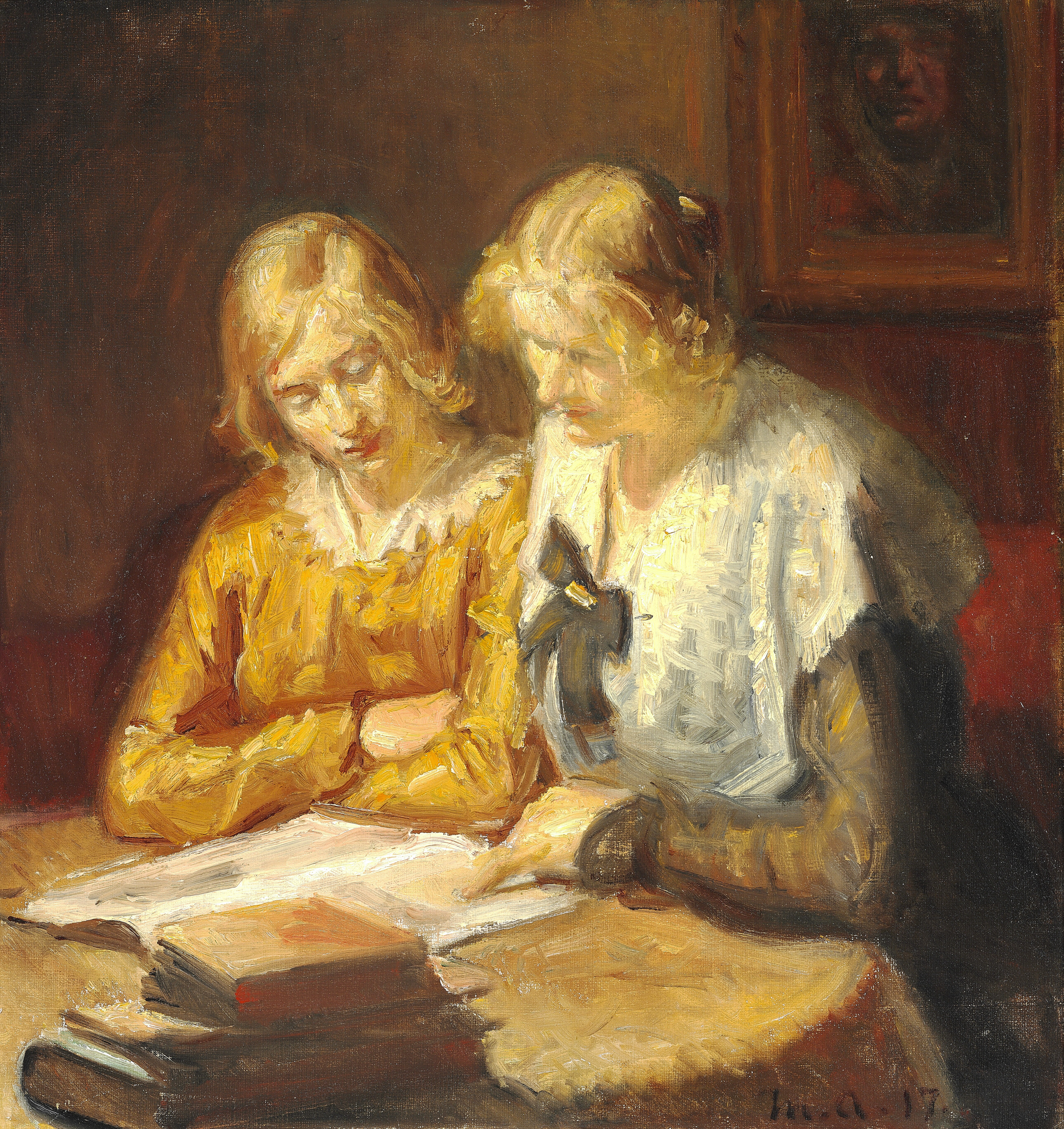Deux jeunes femmes assises à table lisent un livre - Michael Peter Ancher image 1 tableau peint à l’huile sur toile