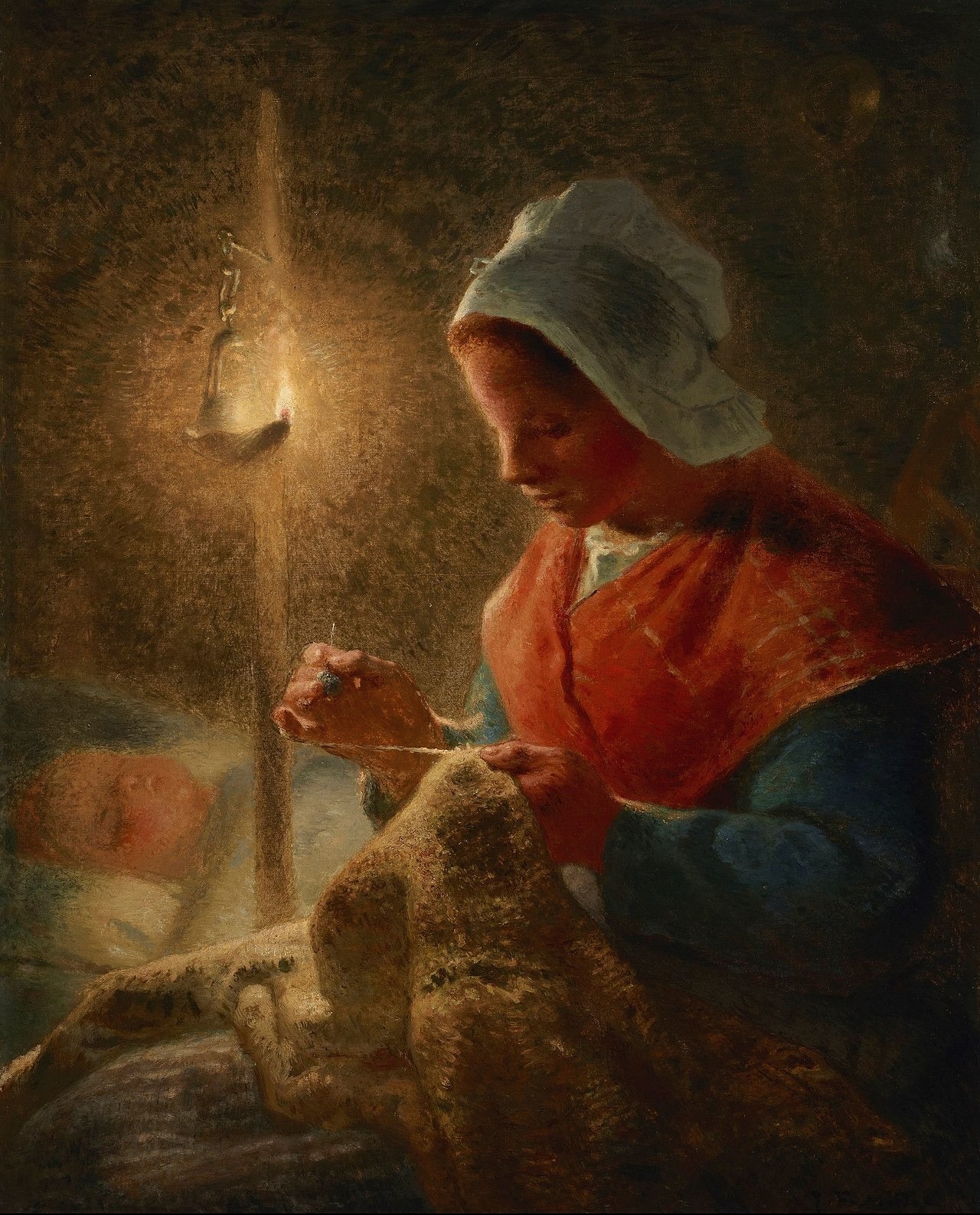Femme coud à la lumière de la lampe - Jean-François Millet