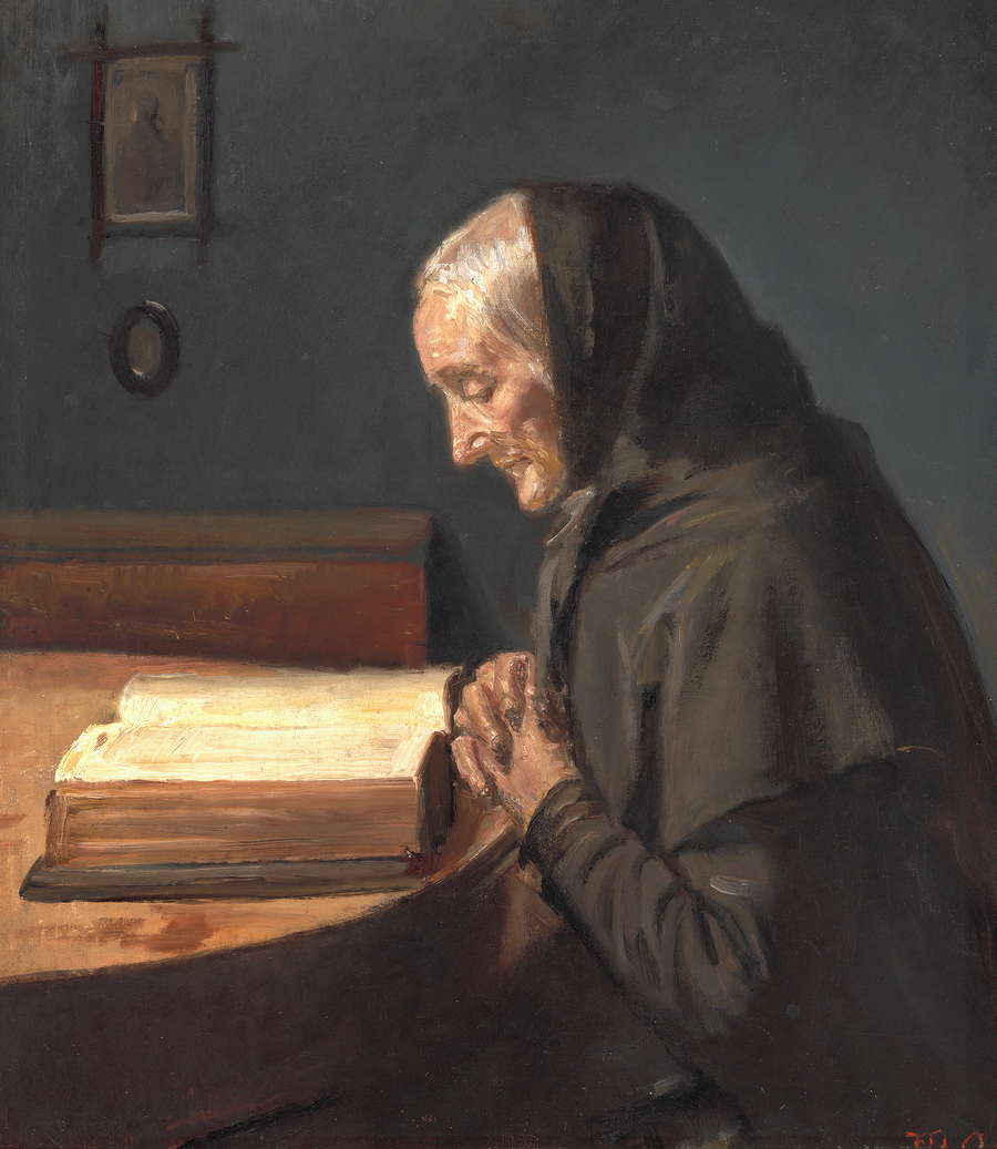 Interno con Ane Bründum, la suocera dell'artista, di profilo, mentre legge la Bibbia. - Michael Peter Ancher