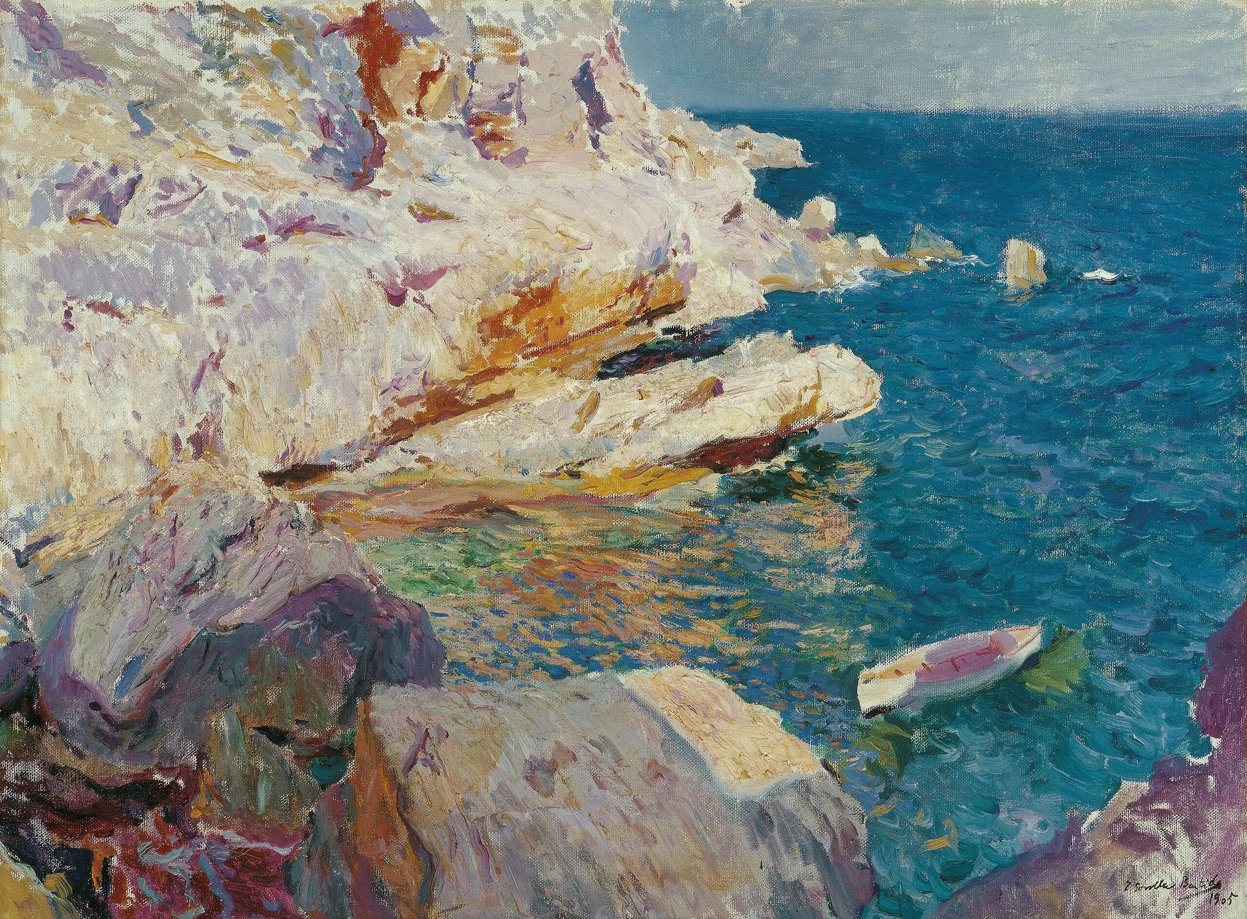 Reproduction du tableau « Les rochers de Jávea et le bateau blanc - Joaquín Sorolla » par Alpha Reproduction en peinture à l’huile