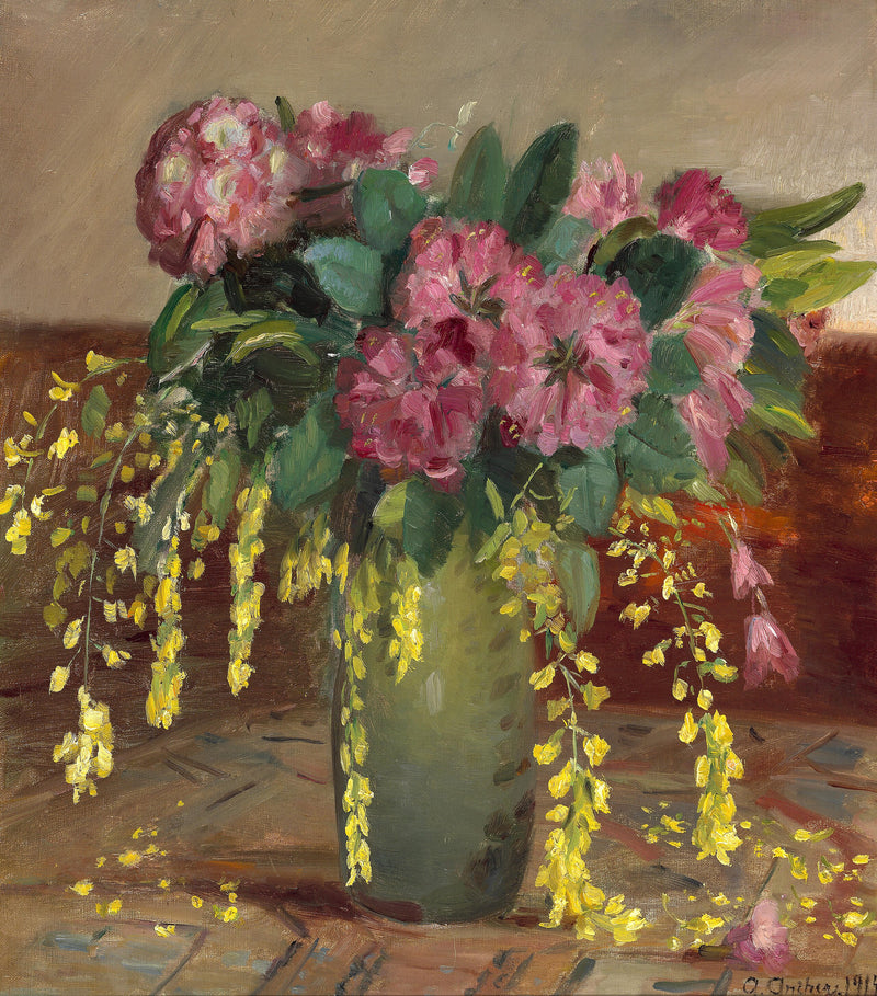 Rododendri rosa e maggiociondolo in un vaso verde - Anna Ancher
