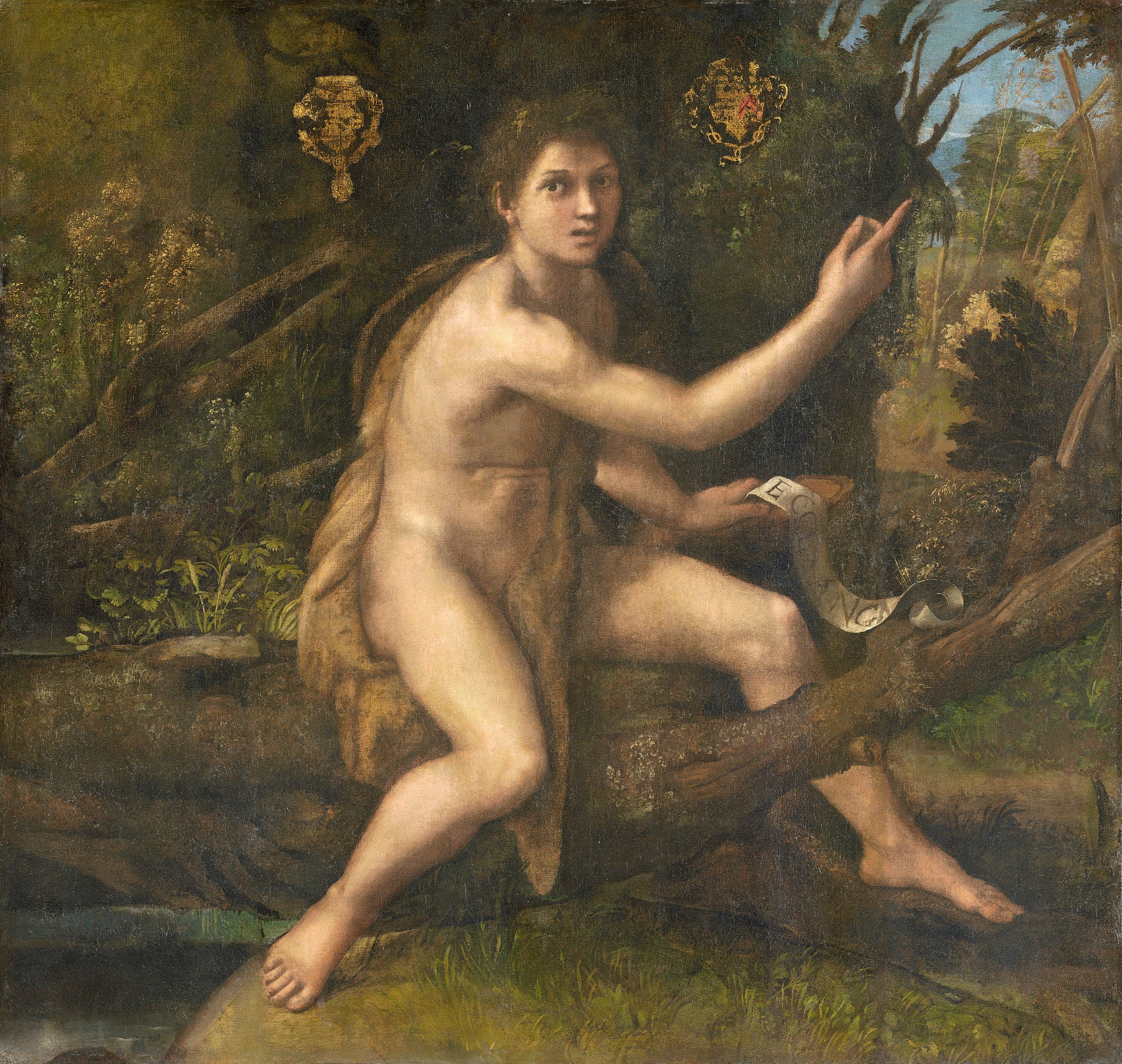 Reproduction du tableau « Saint Jean-Baptiste dans le désert désignant la croix de la Passion - Raphaël Sanzio » par Alpha Reproduction en peinture à l’huile