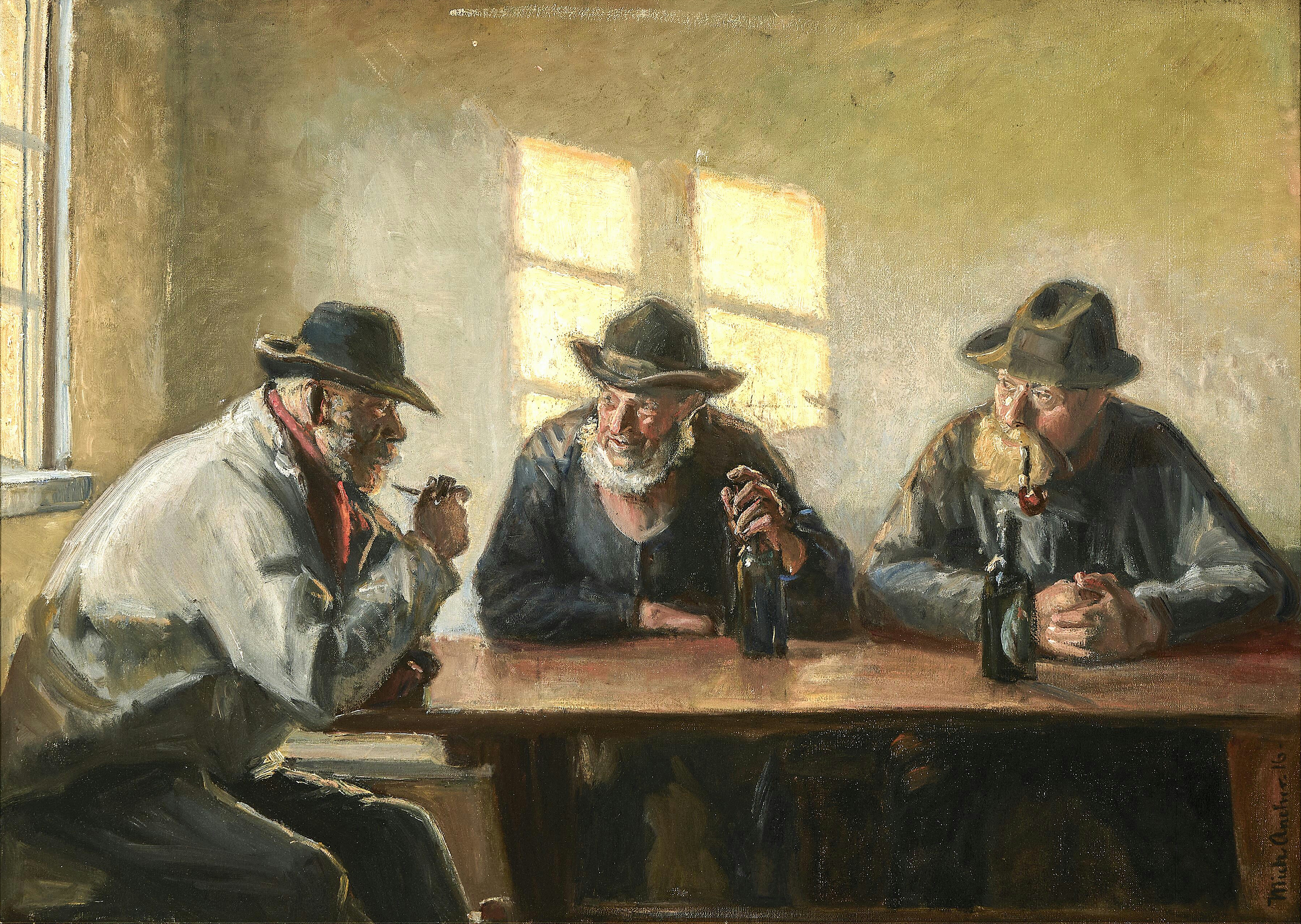 Tre pescatori nel negozio di Bründum. (1916). - Michael Peter Ancher