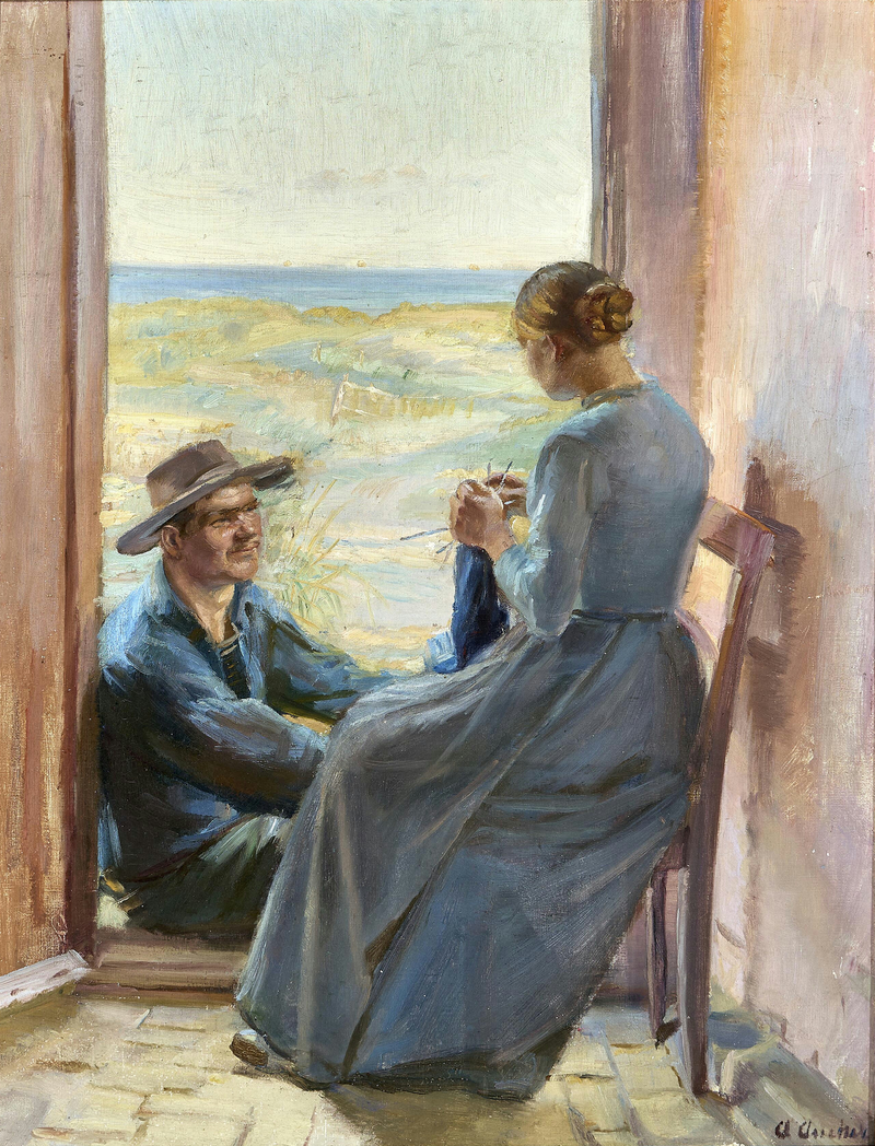 Una giovane coppia di Skagen seduta su un portone con vista sulla spiaggia e sul mare. - Anna Ancher