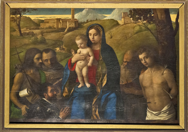 Vergine con il Bambino con quattro santi (Giovanni Battista, Francesco, Gerolamo e Sebastiano (da sinistra a destra)) e il donatore - Giovanni Bellini