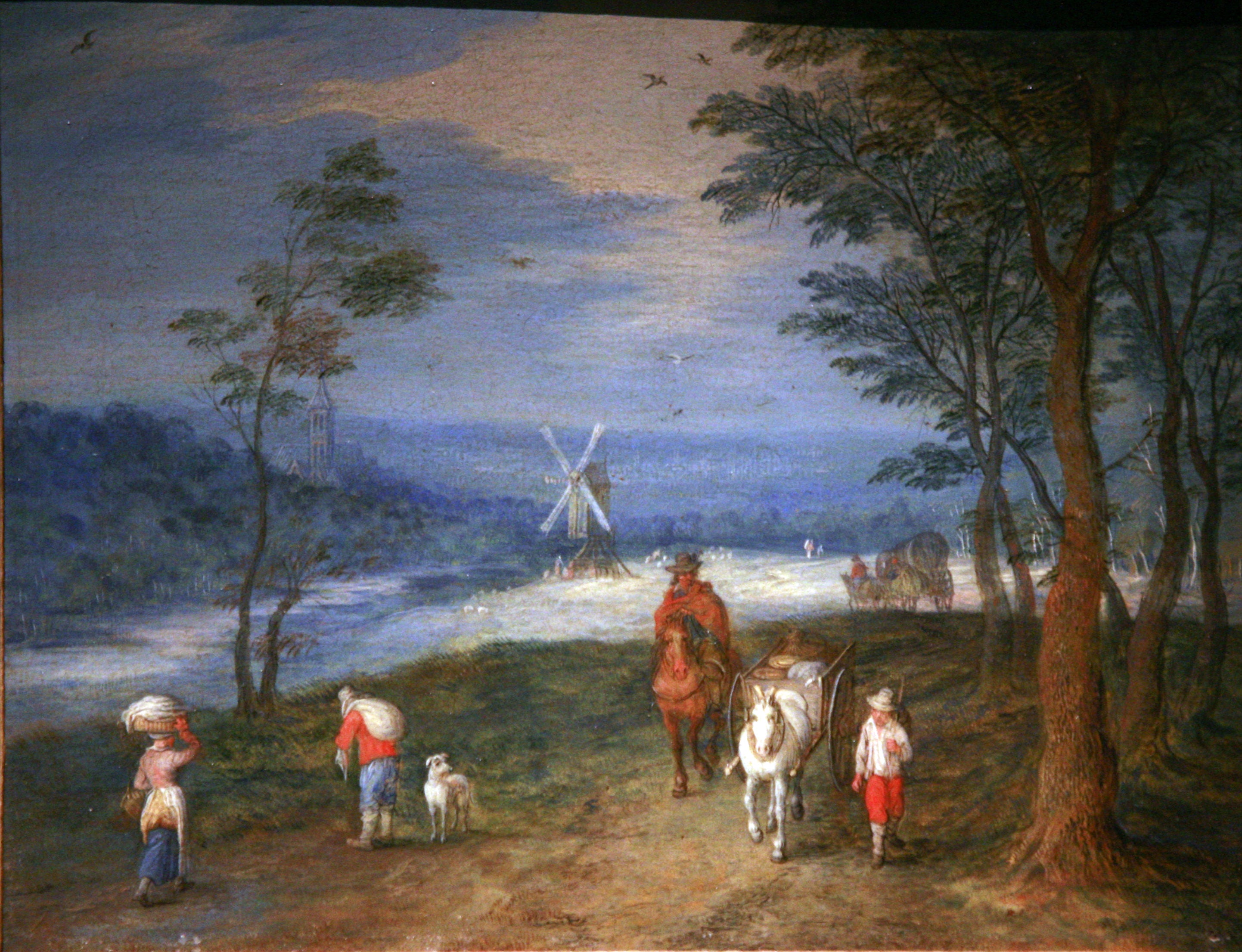 Des paysans sur un chemin, avec un moulin en arrière-plan - Jan Brueghel l'Ancien