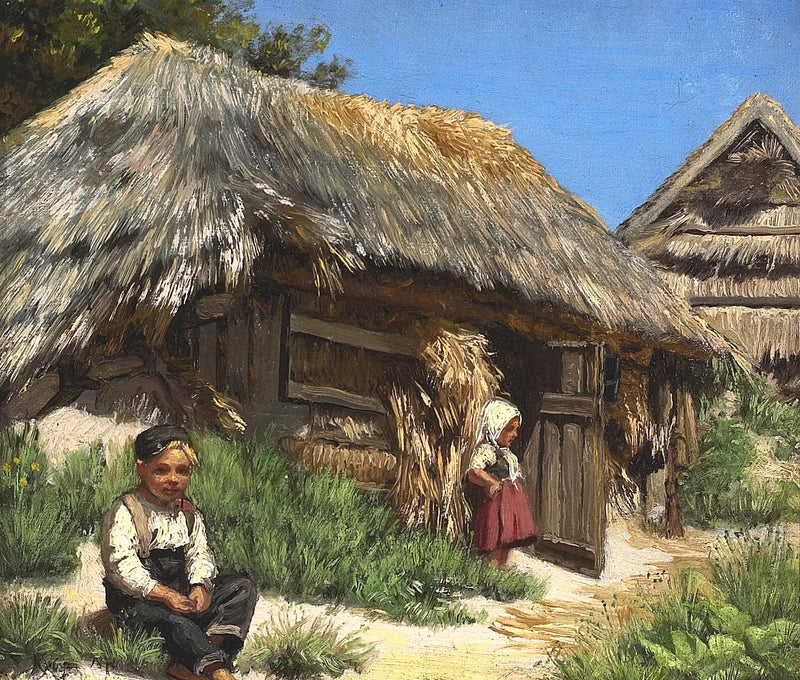 Una casa con tetto di paglia. Giornata estiva sotto un cielo blu e caldo. Organizzata con due bambini. - Peder Severin Krøyer