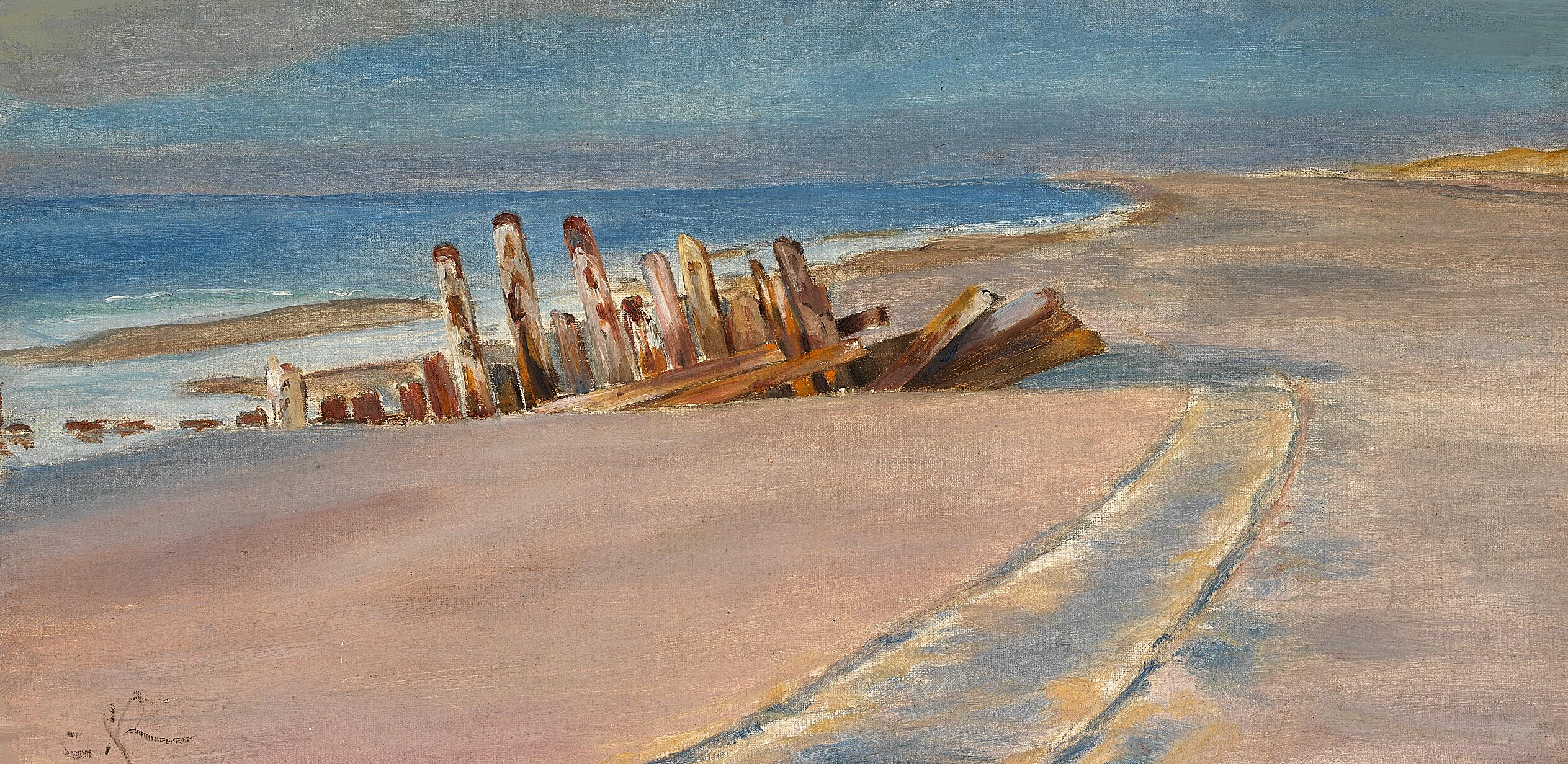 Une épave sur la plage nord de Skagen. De profondes traces de roues dans le sable. - Peder Severin Krøyer