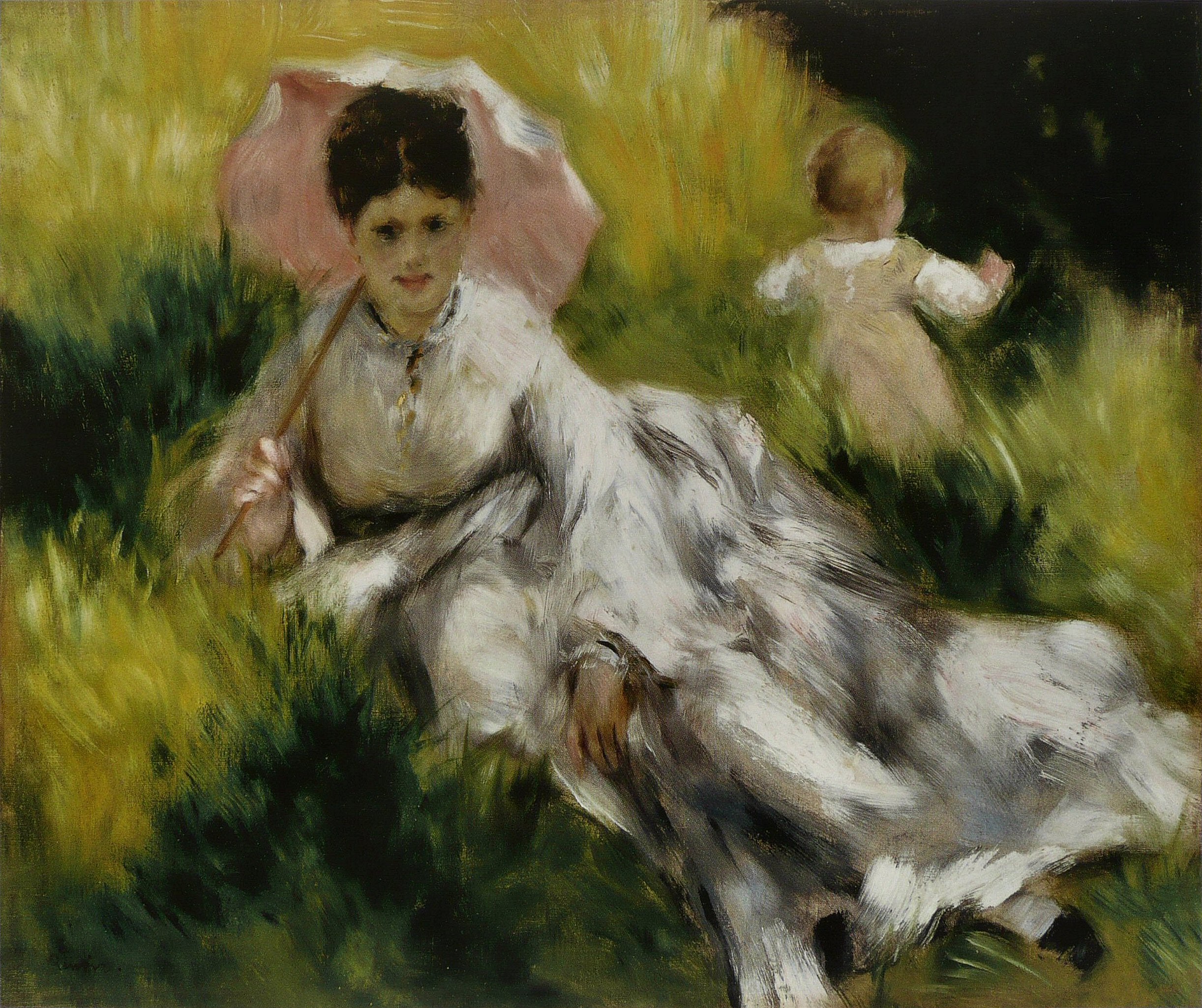 Reproduction du tableau « Femme avec un parasol et un petit enfant sur une colline ensoleillée - Pierre-Auguste Renoir » par Alpha Reproduction en peinture à l’huile