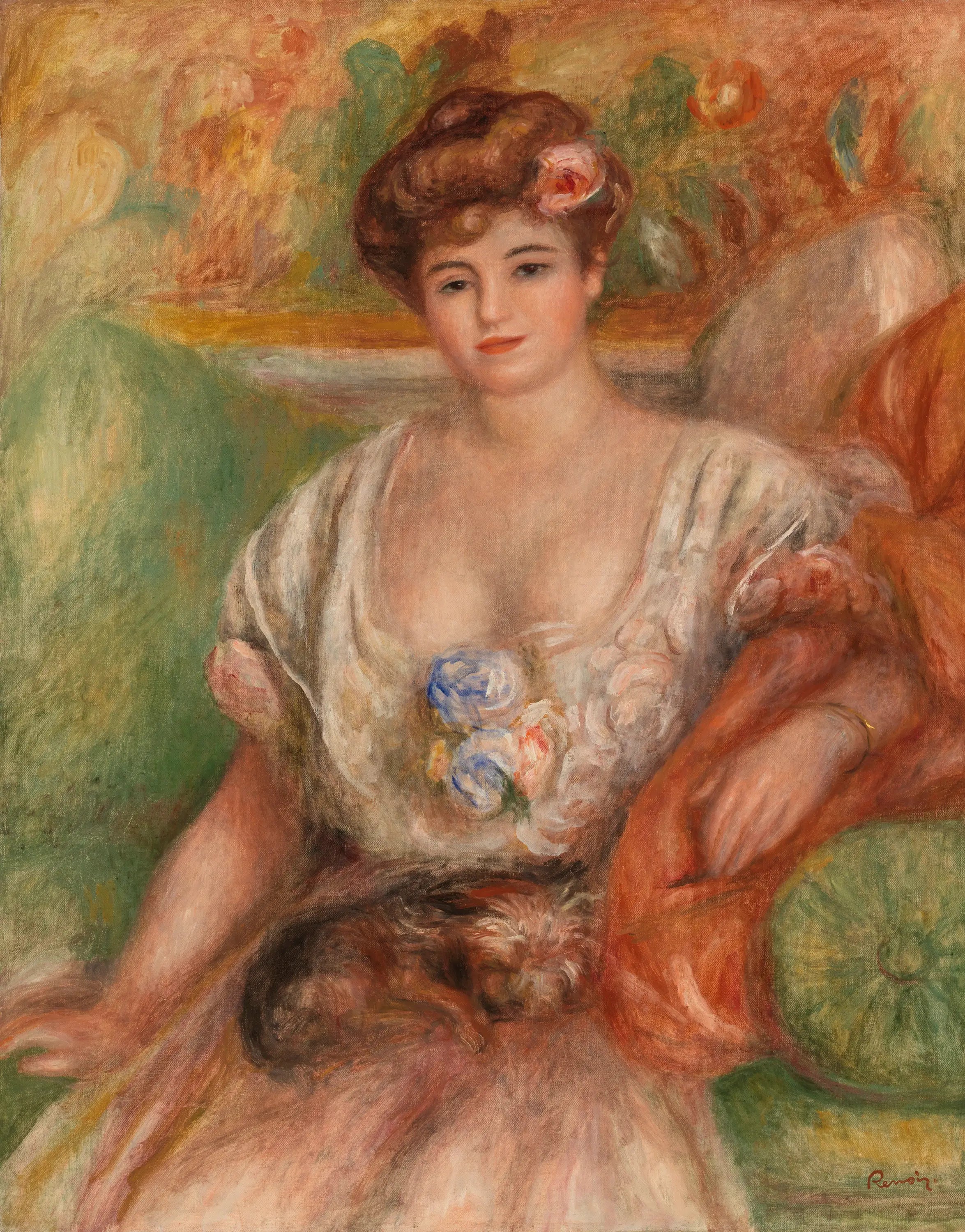 Reproduction du tableau « Misia Sert avec un petit chien - Pierre-Auguste Renoir » par Alpha Reproduction en peinture à l’huile