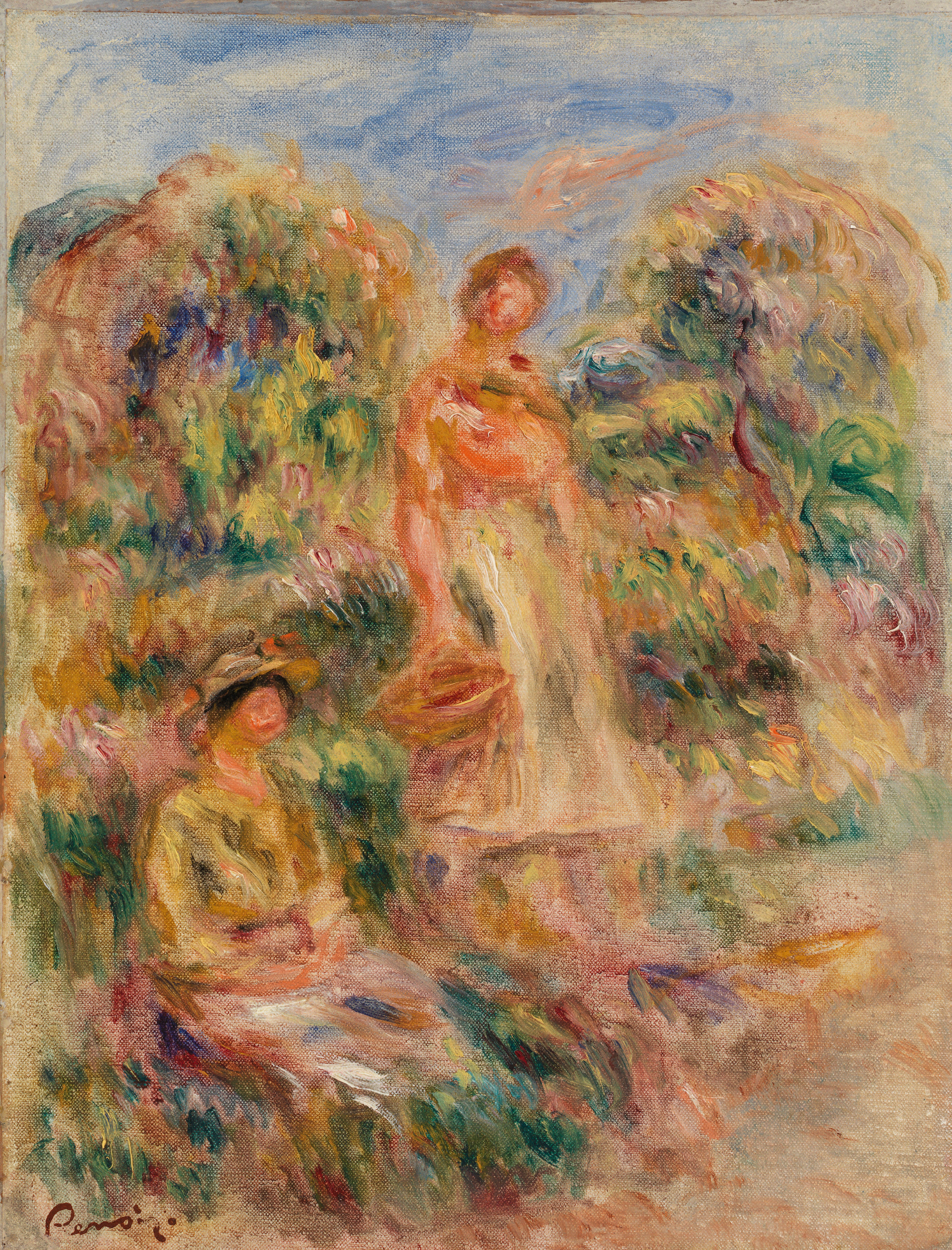 Reproduction du tableau « Femme debout et femme assise dans un paysage - Pierre-Auguste Renoir » par Alpha Reproduction en peinture à l’huile
