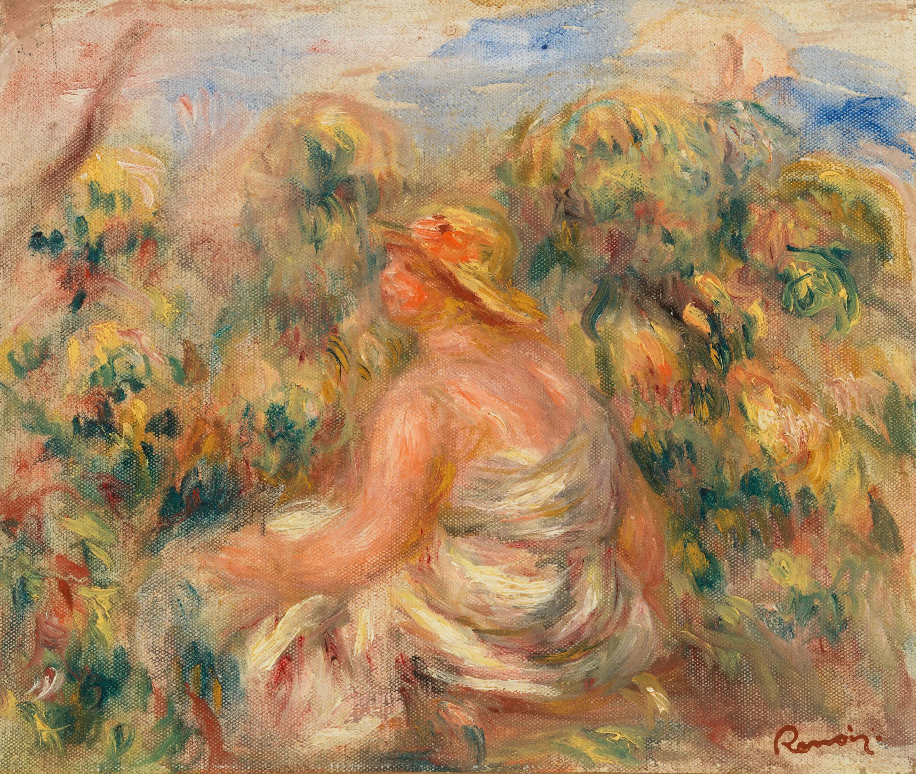 Reproduction du tableau « Femme avec chapeau dans un paysage - Pierre-Auguste Renoir » par Alpha Reproduction en peinture à l’huile