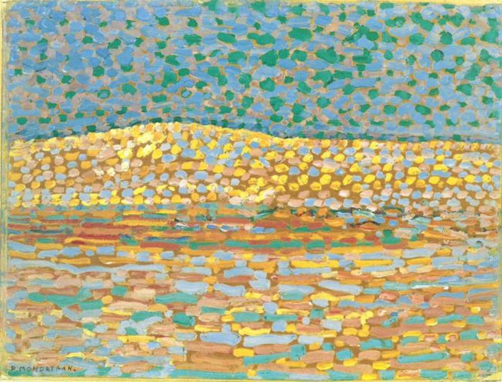 Reproduction du tableau « Étude de dune pointilliste, crête à gauche - Piet Mondrian » par Alpha Reproduction en peinture à l’huile